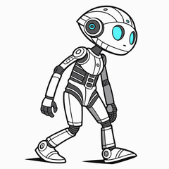 A friendly cartoon robot with a white and gray body and bright blue eyes is walking forward with a slight smile on its face