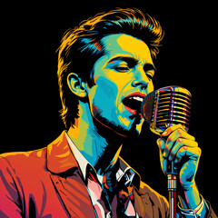 Singer in Song: An artist, immersed in song, sings passionately into a vintage microphone, showcasing a dynamic fusion of music and emotion.