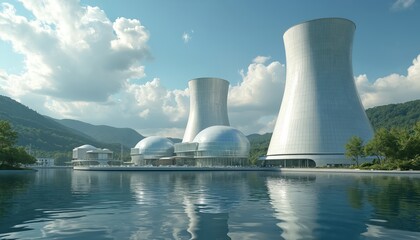 Fototapeta premium Futuristic nuclear power plant with large cooling towers stands beside calm blue water reflecting sky, clouds. Modern domes, buildings indicate advanced atomic energy technology. Industrial complex