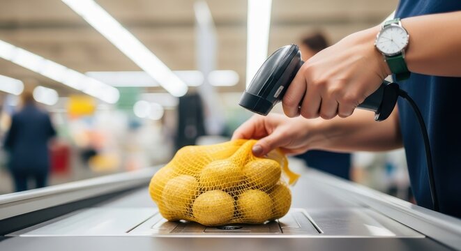 Cashier scanning a net bag of fresh lemons with a barcode reader at the grocery store checkout conveyor belt