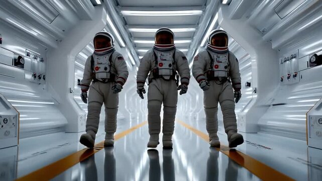 Celestial Explorers in the Corridor: Three astronauts stride purposefully down a gleaming spaceship corridor, ready to embark on a voyage of cosmic discovery.