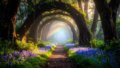 Walking Path Through Forest with Flowers and Arched Trees
