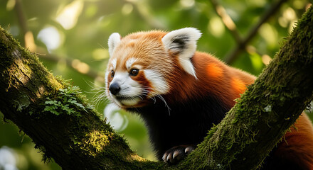 Fototapeta premium Adorable red panda with vibrant reddish-brown fur resting on a moss-covered tree branch in a sunlit forest