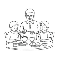 Father and two children enjoying a meal together at a round table