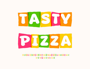 Vector Marketing board Tasty Pizza. Unique Colorful Font. Bright Exclusive Alphabet Letters and Numbers set.