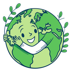 A happy cartoon earth character with a smiling face hugs itself while green leaves sprout from its sides symbolizing environmental care and protection