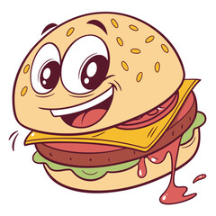A happy cartoon hamburger character with a big smile and dripping ketchup representing delicious fast food and joy