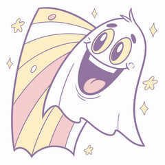 A happy cartoon ghost with a rainbow tail and sparkling stars perfect for halloween and children s themes