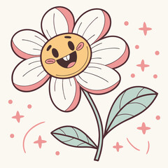A happy cartoon flower with a smiling face and pink accents on its petals surrounded by sparkling stars and dots conveying joy and positivity in a simple illustration