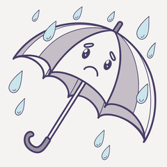 A sad cartoon umbrella character with a frowning face is caught in a downpour of raindrops on a light background