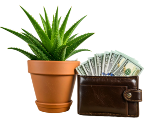 Aloe Vera Plant and Leather Wallet with Dollar Bills