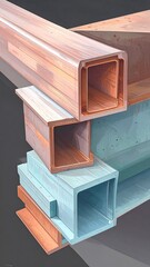 Abstract close-up of layered metal and wood architectural beams.  Colorful, geometric shapes create a complex composition.  Textured surfaces and muted tones.  Intricate design