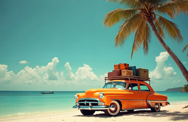 Orange vintage car loaded with luggage parked on a tropical beach. Turquoise ocean and white sand create a perfect summer vacation scene. Palm trees sway gently under a blue sky with fluffy clouds.