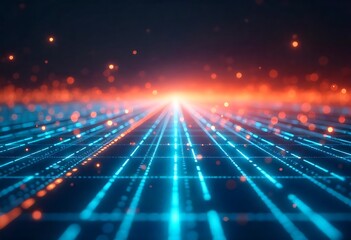 Glowing futuristic grid with blue and green light streaks receding into darkness. Dynamic lines, bokeh lights, and cyber-inspired elements create a high-tech sci-fi digital abstract background.