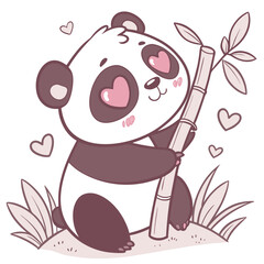 Adorable cartoon panda with heart eyes holding a bamboo stalk surrounded by hearts and grass representing love and nature