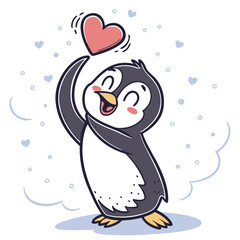 Adorable cartoon penguin character joyfully holding a red heart above its head surrounded by small blue hearts and circles on a white background