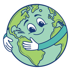 Cute cartoon earth character hugging itself symbolizing self love care and environmental protection