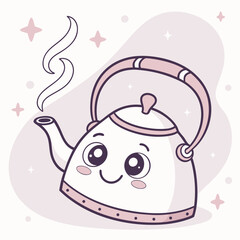 Cute cartoon kawaii teapot with a happy face and steam rising surrounded by stars and dots perfect for children s designs