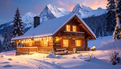 A cozy log cabin nestled amidst snow-capped mountains, bathed in the warm glow of evening light, evokes a serene and peaceful winter scene.