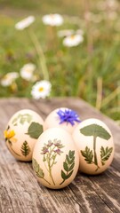 Fototapeta premium Decorated eggs with flowers on a wooden surface outdoors