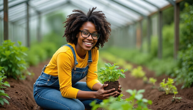 Happy Black woman planting herbs in greenhouse garden. Smiling gardener holds small green plant with soil in hands. Agriculture, cultivation, fresh organic food, healthy lifestyle, nature care, hobby