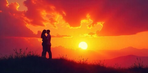 Fototapeta premium Silhouette of embracing figures against a vibrant sunset, conveying spiritual connection and profound love , spirituality, faith, forgiveness
