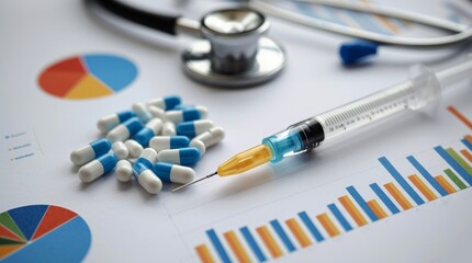  A scattering of blue and white capsules and a syringe filled with an amber liquid are prominent in the foreground. 