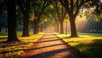 Walking Path Through Park Trees at Sunrise with Sunlight and Shadows