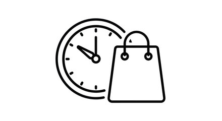 Simple line art icon of a clock and shopping bag representing store hours or purchase time.