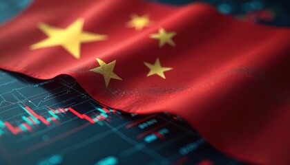 Chinese flag waves over financial stock market data graphs. Illustrates global economy impact, China trading performance, investment trends. Dynamic charts show growth, capital flow, company shares.
