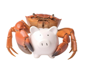 Orange Crab and White Piggy Bank on Transparent Background
