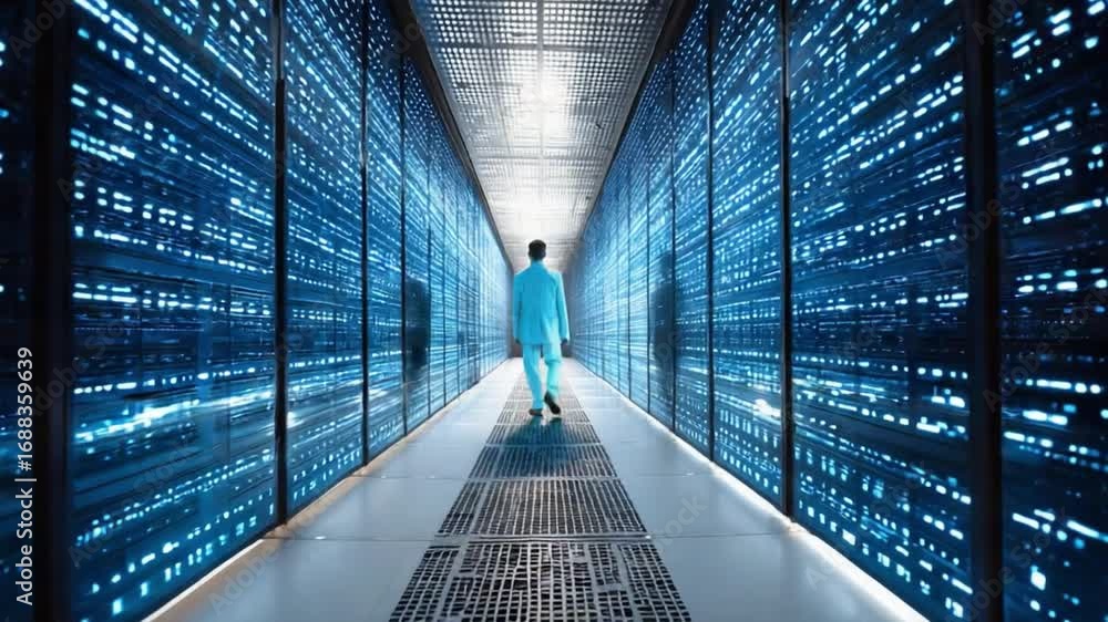 Aufkleber data realm explorer: a solitary individual traverses a cutting-edge data center, immersed in a vibra
