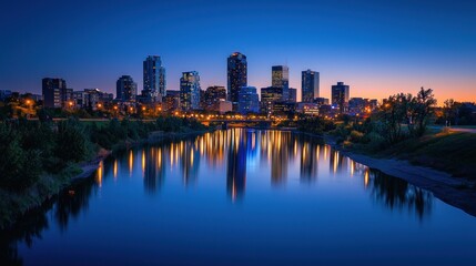 Obraz premium City skyline reflected in calm river at twilight.