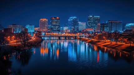 Naklejka premium Night cityscape skyline reflected in calm water. (1)
