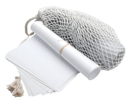 White Paper Sheets Rolled Document and Mesh Bag on Transparent Background