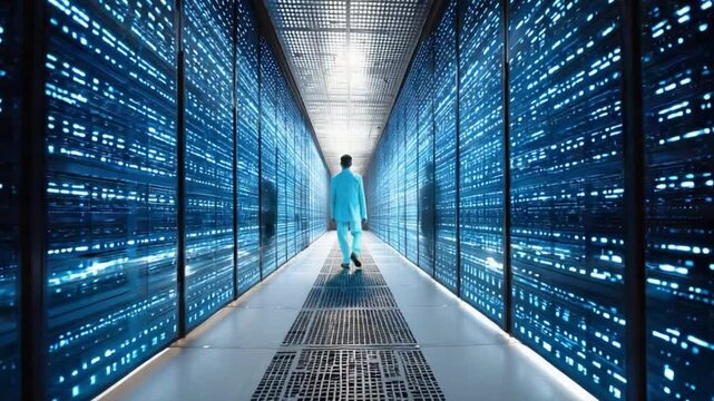Data Realm Explorer: A solitary individual traverses a cutting-edge data center, immersed in a vibrant tableau of information streaming across the expansive server arrays.