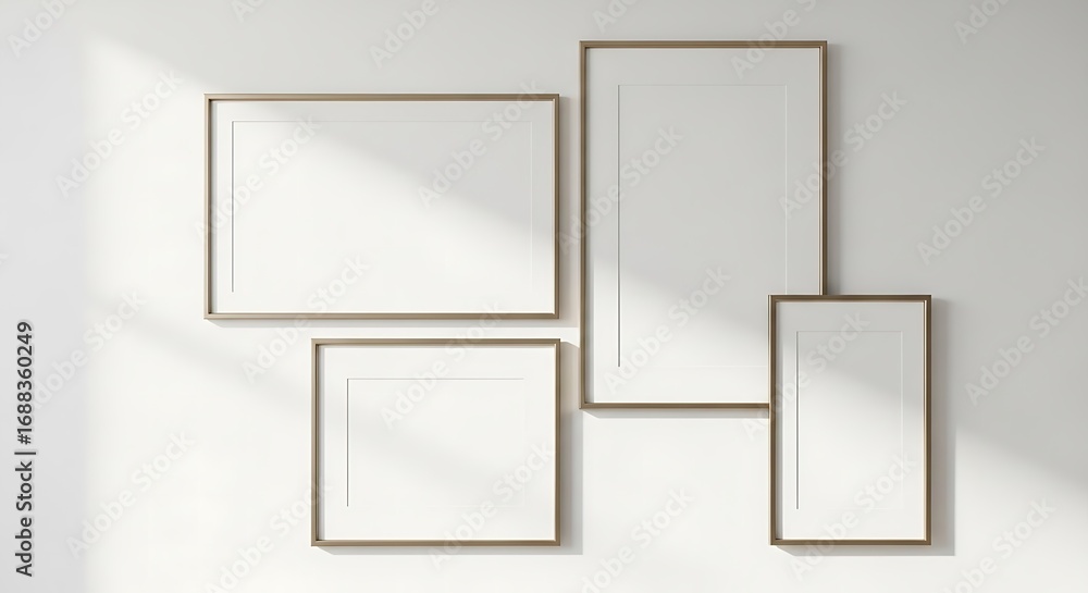 Poster collection of four empty picture frames in different sizes and orientations arranged on a white wall