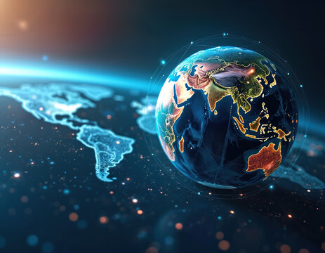 Glowing Earth with luminous continents, interconnected digital network lines. World map silhouette with glowing points. Symbolizes global connectivity, future technology, international business.