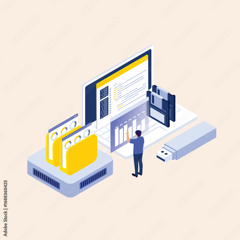 Poster isometric illustration of a developer managing data on a server with a laptop, representing software