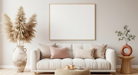 Bohemian living room with a large blank canvas on the wall above a sofa, adorned with pampas grass and decor