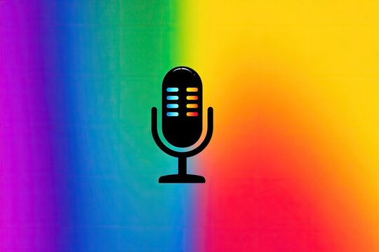 A black microphone icon with colorful equalizer bars sits centrally against a vibrant, blurred rainbow backdrop