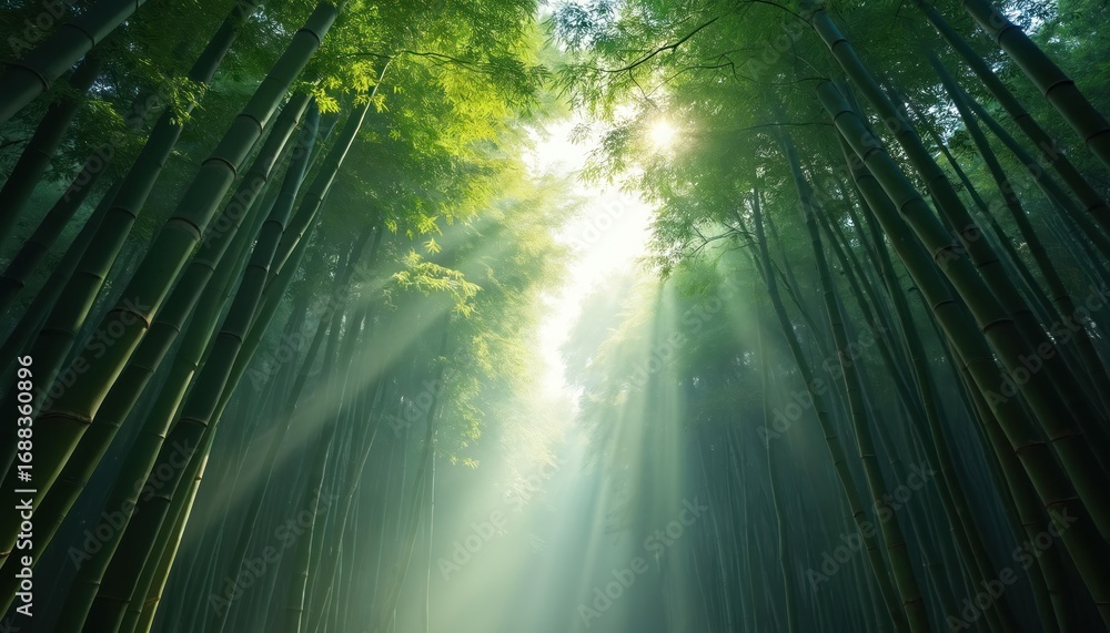Poster sunlight filters through a lush bamboo forest canopy creating serene rays of natural light. tall gre