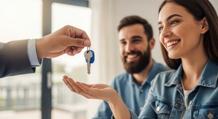 Fototapeta premium Happy Couple Receiving House Keys from Real Estate Agent