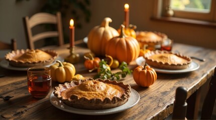 Obraz premium Autumn Pumpkin Pie Table Setting with Candles and Fresh Gourds in Cozy Kitchen
