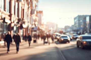 Fototapeta premium Sunny city street scene blurred with pedestrians and cars, giving a sense of movement and urban hustle on a bright day