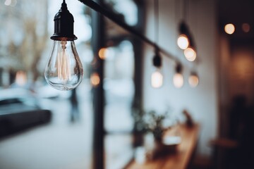 Cozy cafe interior featuring a hanging Edison bulb against a blurred window view and a warm wooden counter with a plant