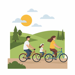 Family Cycling Adventure in a Scenic Green Landscape.