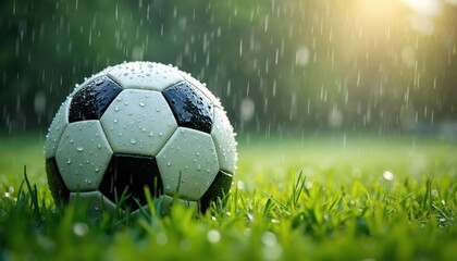 Soccer ball covered in water droplets sits on wet grass during rainfall. Captures of outdoor sports, nature, and game passion. Focus on ball texture, water spray, and green field.