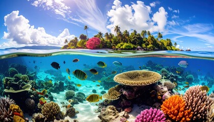 A vibrant coral reef teeming with colorful fish surrounds a tropical island paradise under a brilliant blue sky.