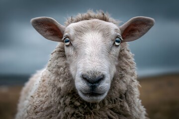 Adorable shocked sheep with soft, expressive eyes captured in a captivating meadow close-up.